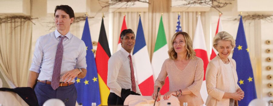 G7-Gipfel in Fasano (Italien): Justin Trudeau, Rishi Sunak, Giorgia Meloni und Ursula von der Leyen besprechen globale wirtschaftliche Herausforderungen. (13. Juni 2024)