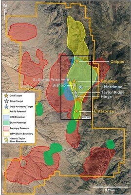 MAP 1 (above): Taylor District Claim Map and Mineralization Zones (CNW Group/A2 Gold Corp)